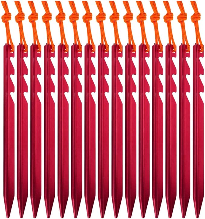 7075 Aluminum Tent Stakes 15 Pack - Ultralight Tri-Beam Tent Pegs with Reflective Rope - Essential Tent Accessories for Camping, Rain Tarps, Hiking, Backpacking
