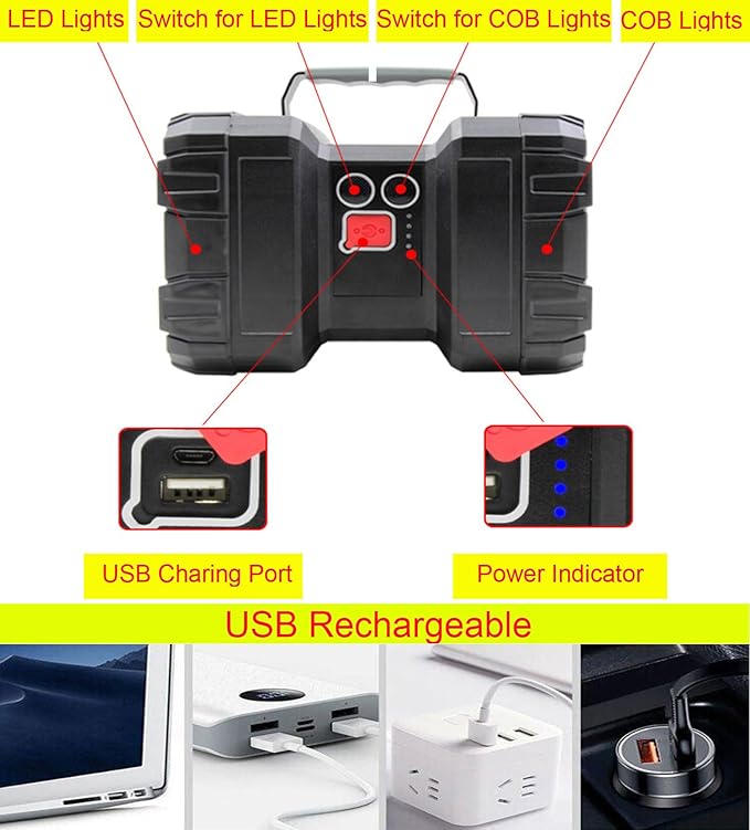 Rechargeable LED Searchlight Flashlight, LED Spotlight Big Power Capacity 12000LM 20h Ultra-Long Standby 7 Lights Modes Camping Work Light, Waterproof, Power Bank, for Home, Outdoor (35LEDs)