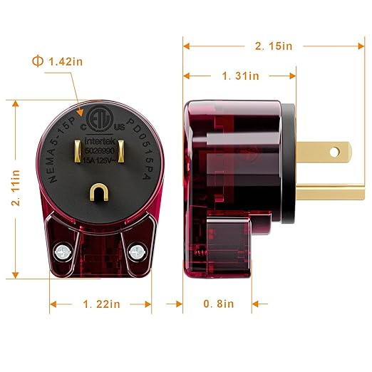 3 Pack ETL Certified Nema 5-15P 15A 125V Right Angle Plug, Red Color