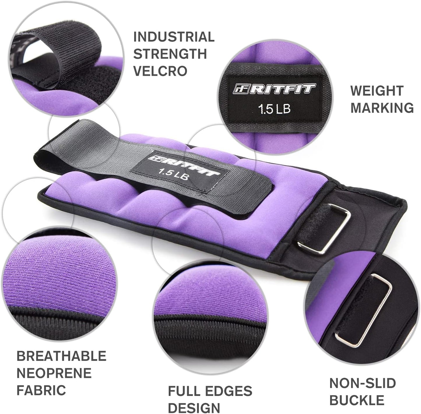 RitFit Ankle Wrist Weights (1 Pair) 1 1.5 2 3 4 5 LB Each with Fully Adjustable Strap for Arm, Hand & Leg - Best for Walking, Jogging, Gymnastics, Aerobics