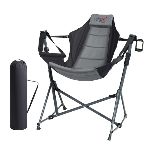 RELAX FIELD Hammock Camping Chair, 3 Heights Swinging Chair with Adjustable Backrest, Folding Rocking Chair with Head Pillow&Cup Holder, Outdoor Chairs for Camping and Hiking, Supports 350lbs, Black