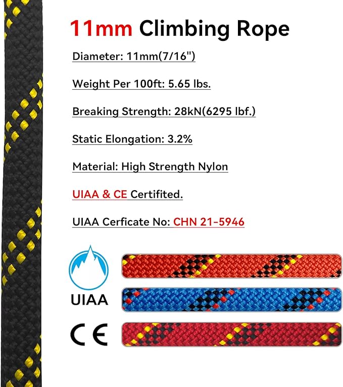 Static Climbing Rope 11mm UIAA Static Line Rappelling Rope 15M (50ft) Nylon Kern Mantle Rope for Escape Rope Rock Climbing, Mountain Tree Climbing, Hauling, Rescue