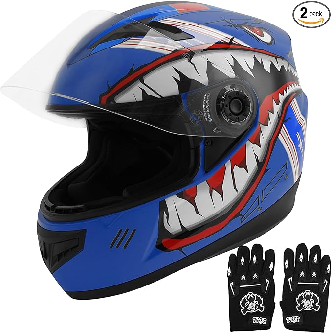TCT-MOTORPARTS DOT Youth Kids Motocross Helmet ATV Full Face Four Wheeler Helmets for Offroad Street Dirt Bike Go-Kart BMX MX Blue Mouth Medium