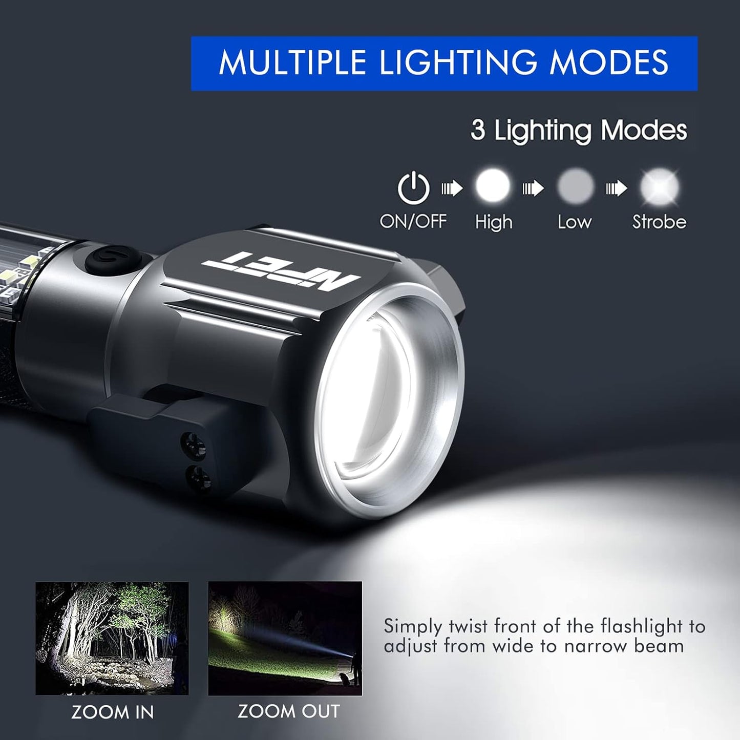 NPET T10 Car Flashlight 500 Lumens LED COB Light Solar Powered USB Rechargeable Tactical Multi-Function Torch Tool with 120dB Siren Window Breaker Seat Belt Cutter Compass for Camping