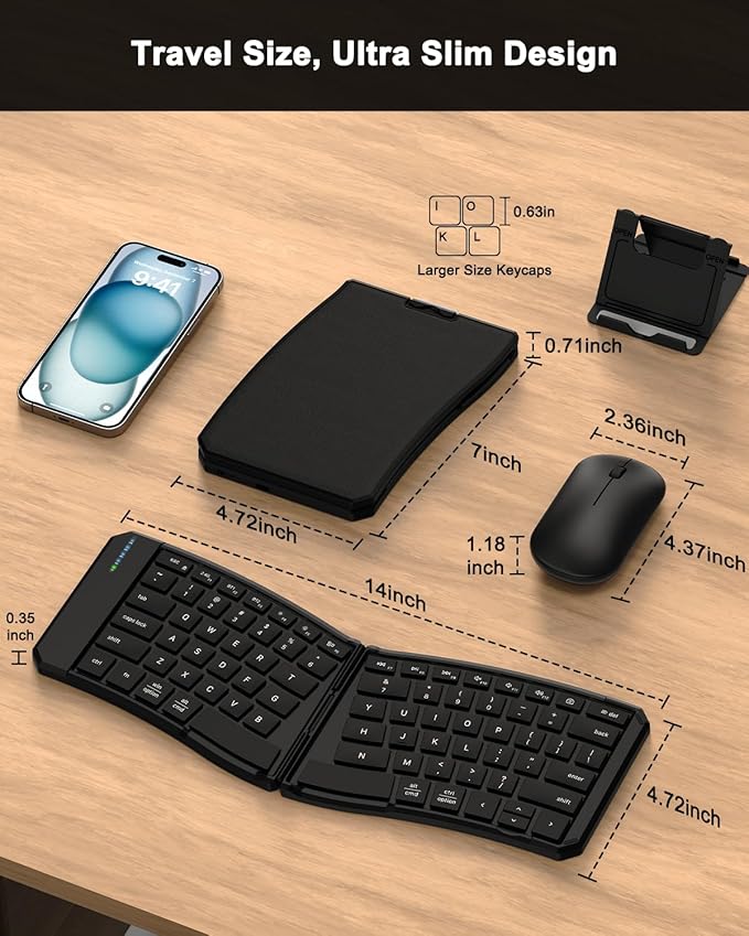 Ergonomic Foldable Keyboard and Mouse Combo, 2.4G+Dual Bluetooth Rechargeable Folding Keyboard Mouse for Travel and Business, Split Design, Portable Size for Laptop iPads Tablet Smartphone