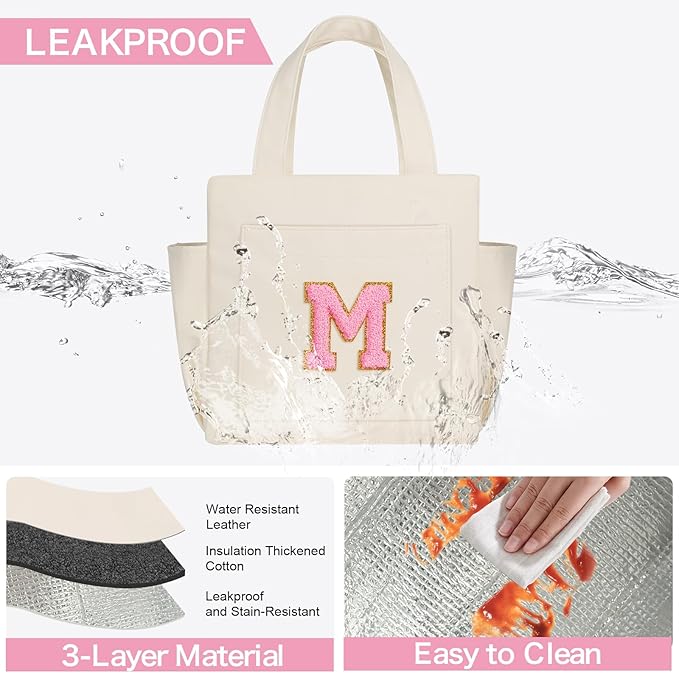 Joymee Leather Lunch Box Lunch Bag for Women Adult Insulated Reusable Leakproof Large Spacious Lunch Cooler Lunch Tote Bag with Bottle Holder and Side Pockets for Work Picnic Beach (Letter M)