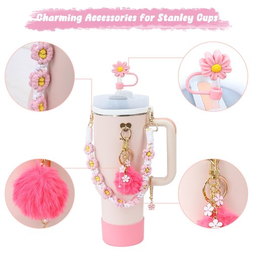 MASTRON Stanley Cup Accessories - Including 11PCS Silicone Straw Cover, Handle Strap, Silicone Boot, Spill Stopper, Leak Stopper, Flower Charms for 40/30oz Stanley Tumbler - Pink