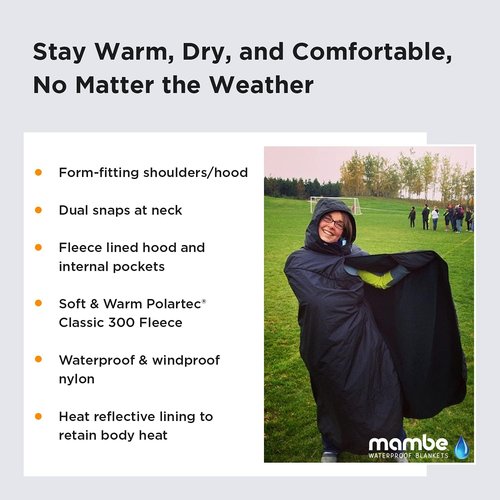 Mambe Extra Large Extreme Weather Hooded Blanket Navy and Charcoal - 100% Waterproof and Windproof with Premium Stuff Sack - for Stadiums and Watching Sports Activities - Machine Washable Fleece