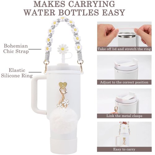 Cup Accessories for Stanley 30oz 40oz Tumbler with Handle - Water Bottle Handle Strap,Siliocne Cup Boot,Personality Pearl Keychain Charms Set,Straw Topper Cover Cap for Stanley