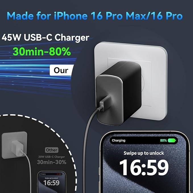 Phone 16 Pro Max Charger Fast Charging, 45W Super Fast USB C Charger Block with 10FT Long Charging Cord Cable for 16 Pro Max/16/16 Plus,15 Pro Max/15 Pro/15, Android Phone-Black