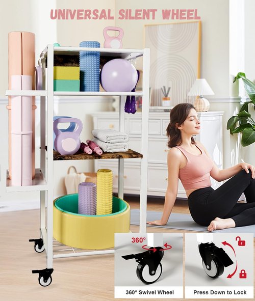Ardier Yoga Mat Storage Rack with Wheels, 3 Tier Home Gym Workout Equipment Organizer for Dumbbells, Kettlebells, Foam Rollers