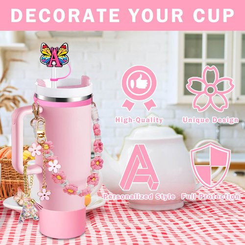 6PCS Cup Accessories Set for Stanley 30oz 40oz, Includes Silicone Initials Straw Cover Cap and Boot, Water Bottle Handle Strap, Rubber Cup Ring, Alphabet Handle Charm, Keychain Charm. (M)