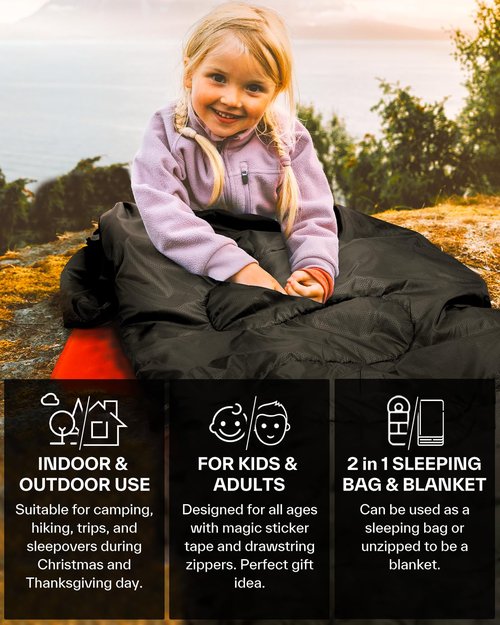 Sportneer Sleeping Bag, 3 Seasons Warm Cold Weather Sleeping Bags for Adults Kids Boys Girls with Compression Sack- Lightweight Camping Essentials Gear Accessories, Backpacking, Hiking (Black)