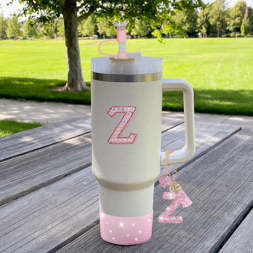Pink Diamond Letter Charms Accessories For Handle Set,Bottom Protector for 40oz 30oz Stanley Cup Diamond Crown Straw Cover & Diamond Sticker (Z)