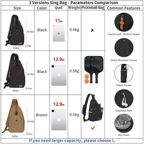 OSOCE Sling Bag for Men, Large Crossbody Bag Men with Anti Theft Tunnel Lock Zipper Canvas Sling Backpack for Travel Hiking, Black S