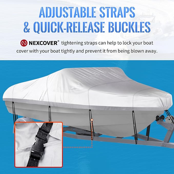 NEXCOVER Trailerable Boat Cover, Length: 14'-16' Beam Width: up to 68", Waterproof Heavy Duty Cover, Fits V-Hull, TRI-Hull, Runabout, Pro-Style, Bass Boat, Storage Bag & Tightening Straps Included.