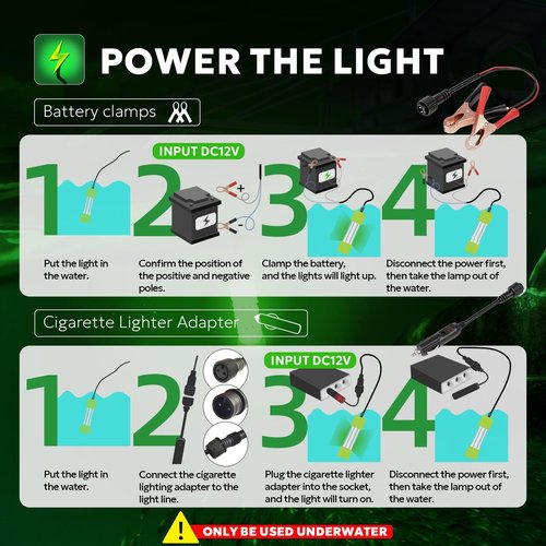 SF LED Underwater Fishing Light 100W Fish Attracting Light 13000lm Green Fishing Light Submersible for Dock and Boats IP68 Waterproof 24ft with Cigarette Lighter or Battery Clips to Provide Power