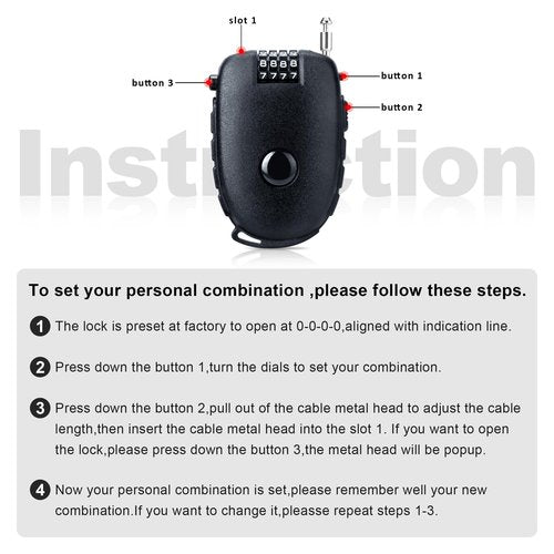 JAGASOL Motorcycle Helmet Lock, 4 Digit Combination 27.5 Inch Retractable Cable Lock for Snowboard, Bike Luggage Backpack Scooter Suitcase Ski, Small Multi-Function Secure Lock for Travel, Black