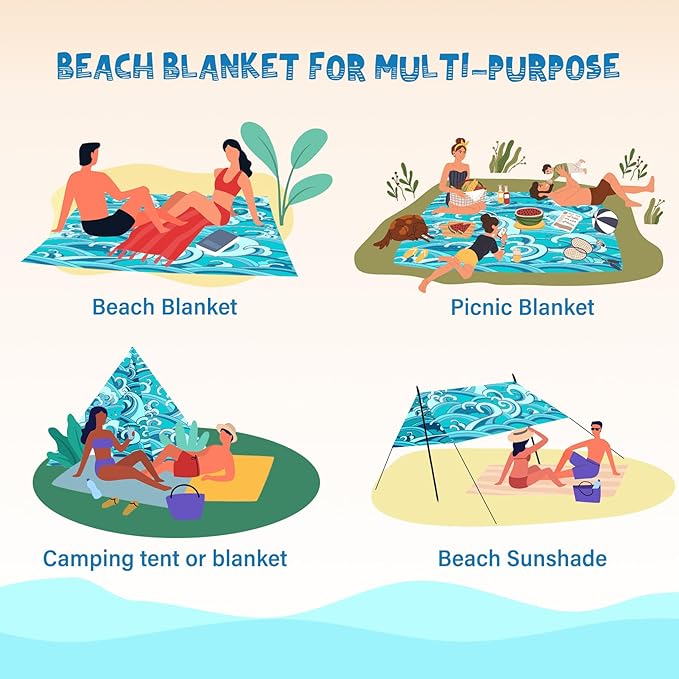 Beach Blanket Waterproof Sandproof 1-7 Adult Oversized 78 '' × 81 '' Lightweight Durable Compact Sand Free Beach Mat for Travel Camping Hiking Picnic Blanket Extra Large