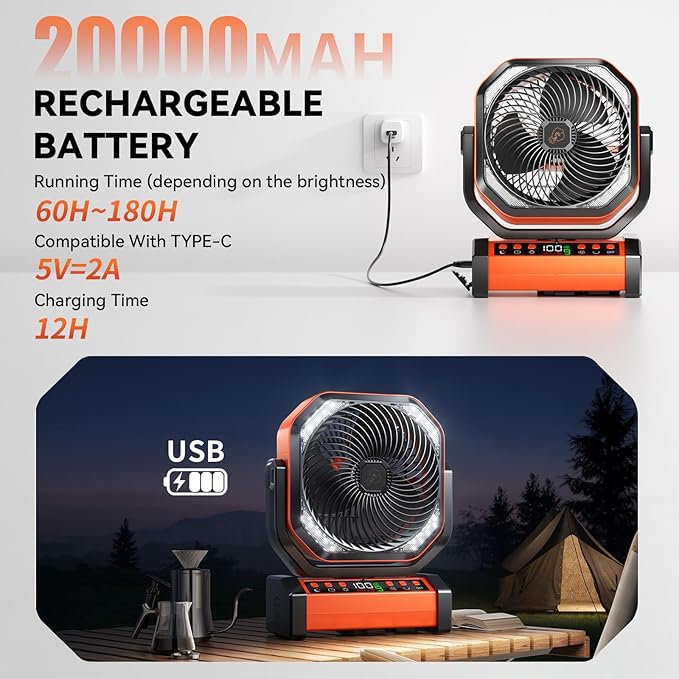 Camping LED Fan with Light, 40000mAh Rechargeable Battery Powered Outdoor Tent Fan with Light and Hook, 8 Speed, Personal USB Desk Fan for Camping, Fishing, Power Outage,Hurricane, Worksite
