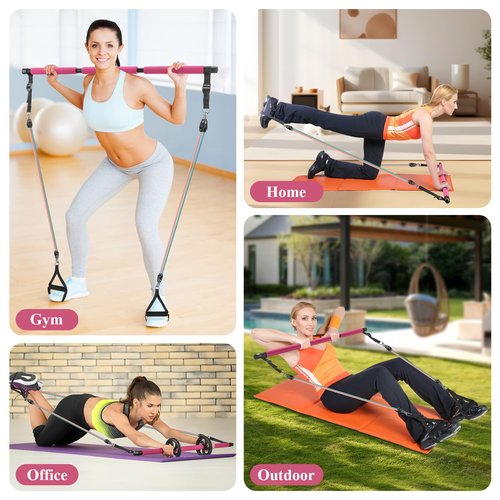 Ligebul Pilates Bar Kit with Resistance Bands, Pilates Bar with AB Roller Multifunctional Exercise Stretch Fusion Bar Equipment for Home Workouts Women and Men