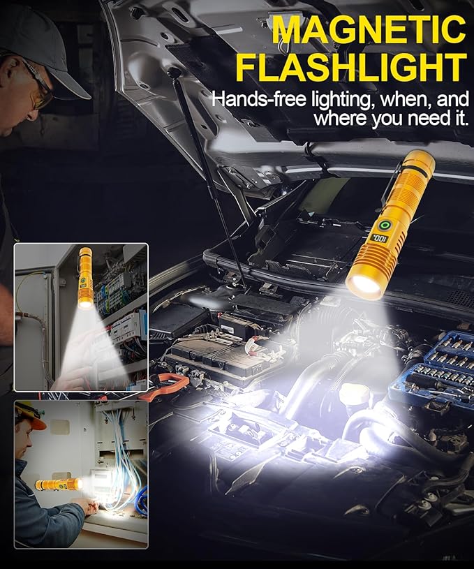 Rechargeable Flashlight High Lumens-12000LM Super Bright Magnetic Flash Light with Power Digital Display,3280Ft Long Range,Dimmable,Waterproof,Pocket Tactical LED Flashlights for Emergency,Gold 1PC
