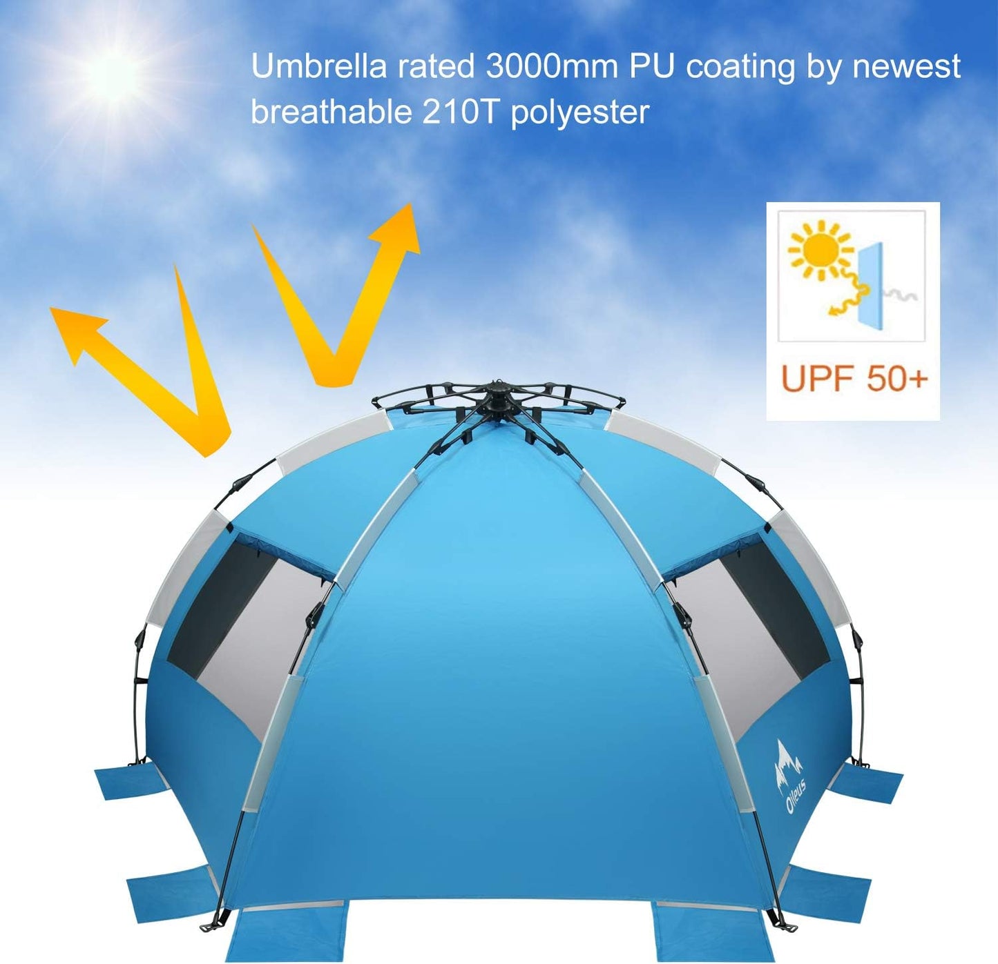 Oileus X-Large 4 Person Beach Tent Sun Shelter - Portable Sun Shade Instant Tent for Beach with Carrying Bag, Stakes, 6 Sand Pockets, Anti UV for Fishing Hiking Camping, Waterproof Windproof, Orange
