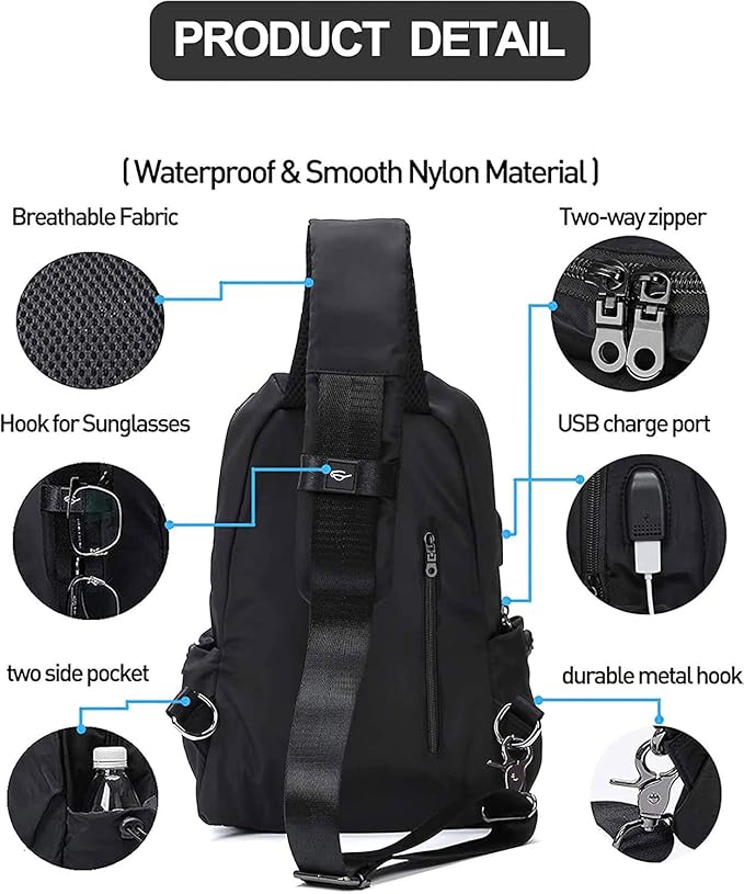 Large Black Sling Bag for Men and Women - Sport Crossbody Backpack for Pickleball, Tennis, Racketball