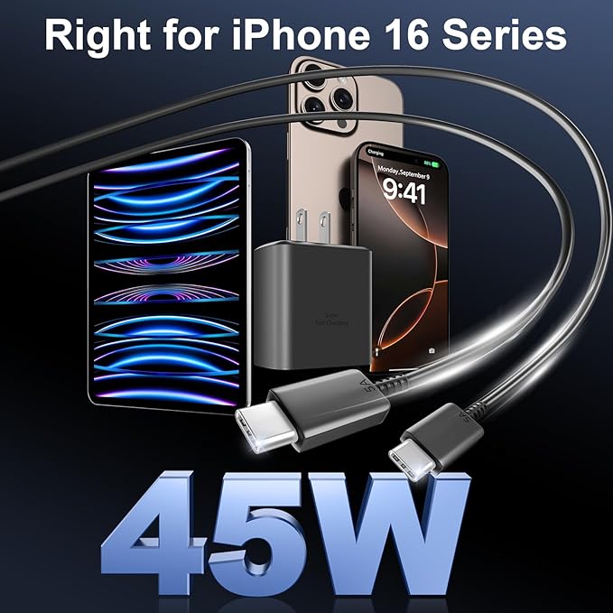 Phone 16 Pro Max Charger Fast Charging, 45W USB C Phone 16 Super Fast Charger Block with 6.6FT Long Type C Charging Cable Cord for Phone 16/16 Pro/16 Pro Max/16 Plus, 15/15 ProMax/Pro/Plus-2pack black