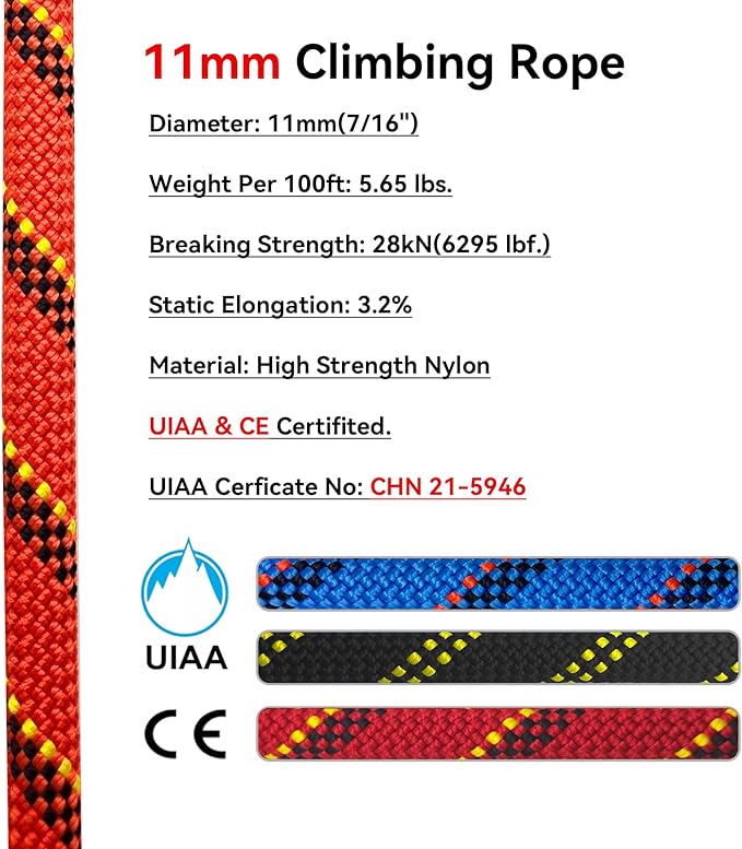 Static Climbing Rope 11mm UIAA Static Line Rappelling Rope 15M (50ft) Nylon Kern Mantle Rope for Escape Rope Rock Climbing, Mountain Tree Climbing, Hauling, Rescue