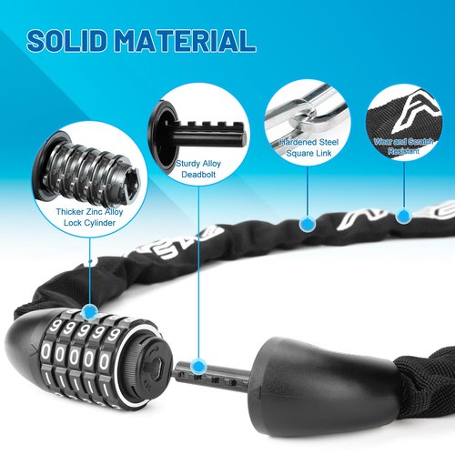 APECYC Bike Locks Heavy Duty Anti Theft, 5 Digit Combination Bike Chain Lock, 4FT Security Bicycle Lock Hardened Steel Square Chains for Bicycle, E-Bike, Motorcycle, Scooter, Gate