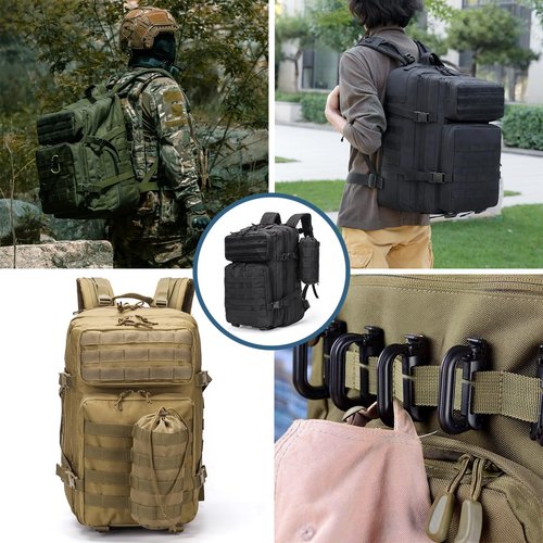 MUCHER 45L Military Tactical Backpack For Men with Bottle Holder and 4 Carabiners Molle Backpack EDC Large 3Day Army Rucksack (Black)