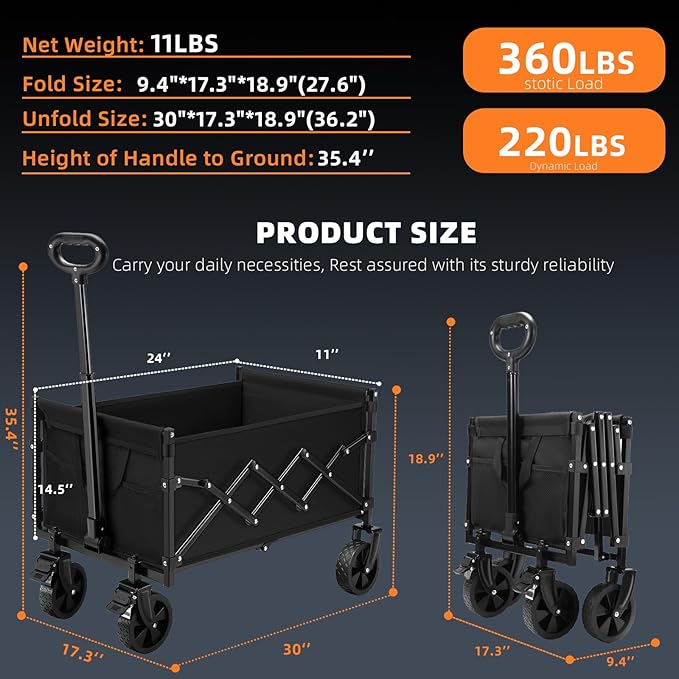 CAMTOP Collapsible Wagon Cart Foldable Wagon Portable Heavy Duty Folding Wagons with Braking Wheels Lightweight Outdoor Utility Wagon for Shopping, Sports, Camping, Garden, Grocery, Beach (Black)