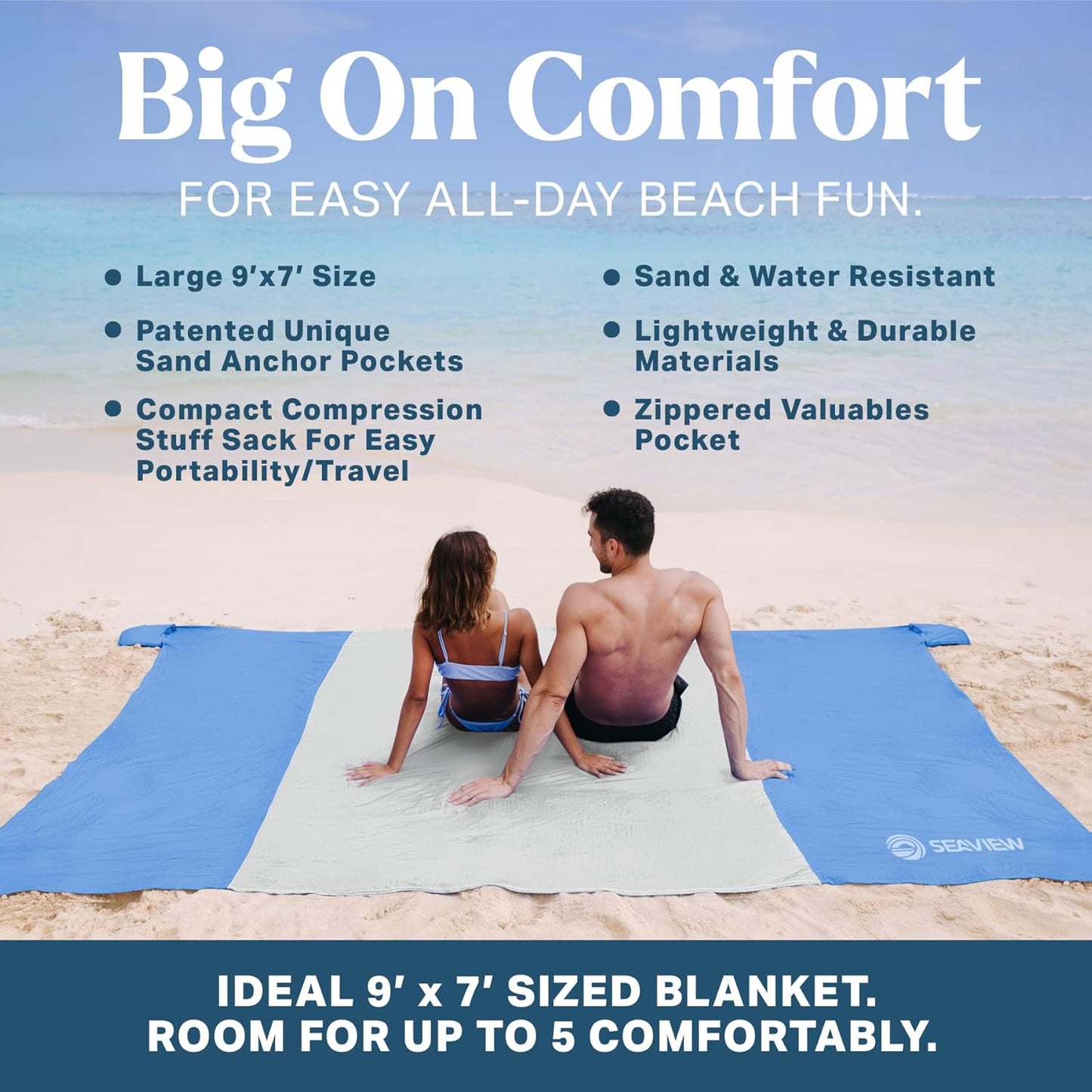 Seaview 180° Beach Blanket Waterproof Sandproof, Extra Large 6"x7" Sand Free Beach Mat for 1-6 Adults, Oversized Outdoor Blanket with 4 Sand Pockets, Portable Lightweight Packable - Picnic Mat