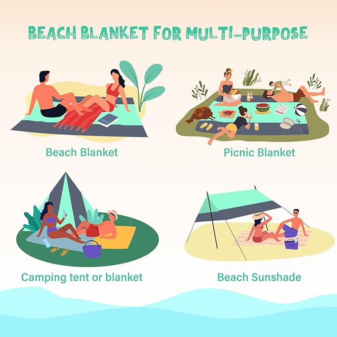 Beach Blanket Waterproof Sandproof 1-7 Adult Oversized 78 '' × 81 '' Lightweight Durable Compact Sand Free Beach Mat for Travel Camping Hiking Picnic Blanket