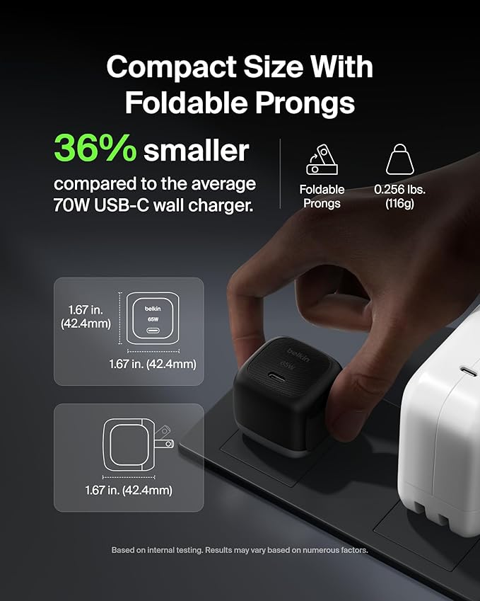 Belkin USB C Charger Block 65W, Super Fast Charging Block, Type C Wall Charger - Apple iPhone 16/15/14, Galaxy S25, Google Pixel, MacBook, AirPods, Chromebook, Nintendo Switch 2 & More - Black