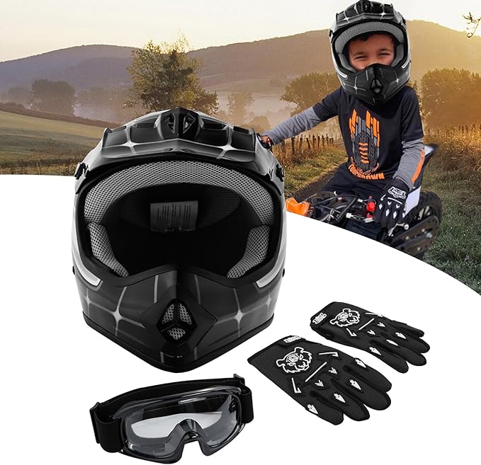 TCT-MOTORPARTS DOT Youth Kids Motocross ATV Helmets Offroad Street Dirt Bike Go-Kart BMX MX Full Face Helmet Black Spider Medium Size