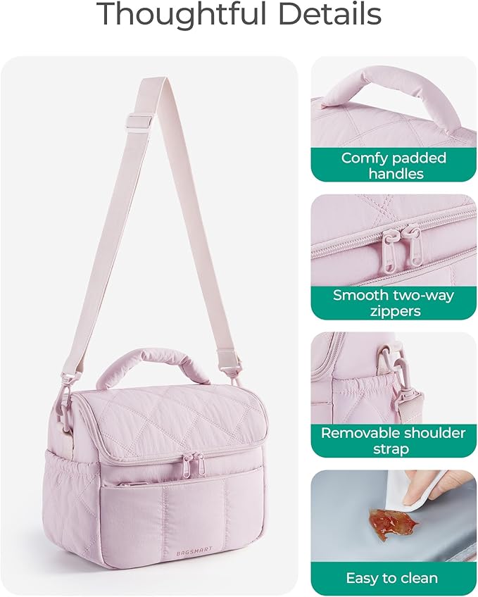 BAGSMART Insulated Lunch Bags for Women, Cute Quilted Lunch Box, Lightweight Puffy Padded Waterproof Lunch Tote, Reusable Lunch Cooler for Work Picnic Travel, Camel