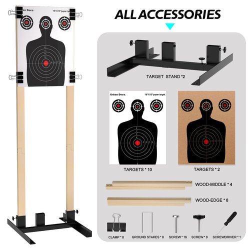 Urban Deco Shooting Target Stand with Wooden Board - for Paper Target Sheet Archery Cardboard Targets,Target Holder for Shooting with Adjustable Base - H Shape - USPSA/IPSC - IDPA Practice, 2 Pack