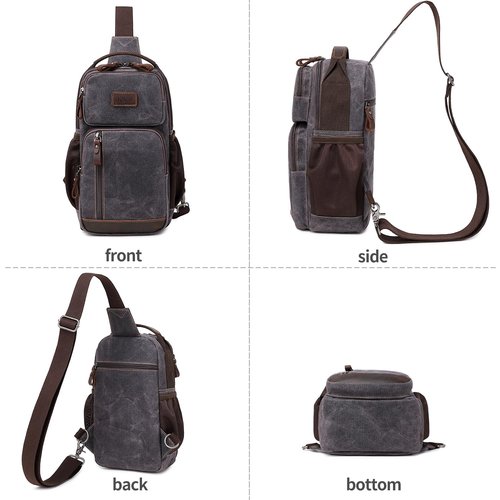 BOVIP Sling Bag for Men - Crossbody Chest Shoulder Bag Waterproof Waxed Canvas Sling Backpack - Casual Daypack for Travel, Black, Gray