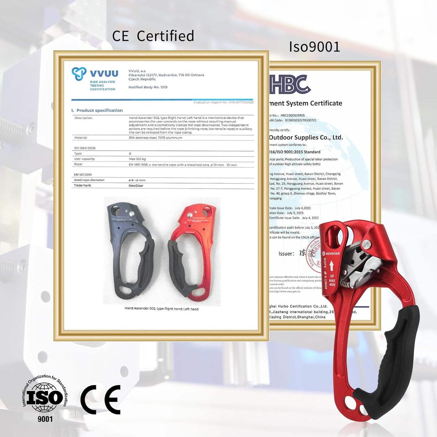 NewDoar UIAA & CE Certified Hand Ascender Rock Climbing Tree Arborist Rappelling Gear Equipment Rope Clamp for 8~13MM Rope