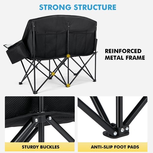 Seaonar Double Camping Chair for Adults Outdoor Folding Chair with 2 Cooler Bags Support 500lbs Heavy Duty Camp Chair for Outdoor Sports Beach - Black&Grey