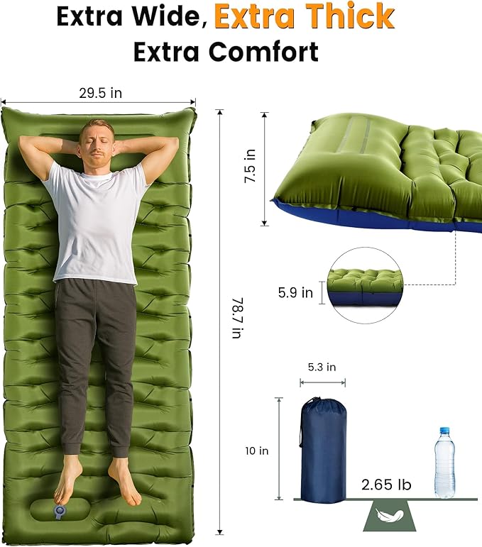 Camping Sleeping Pad,5.9 Inch Thick Camping Mat with Built in Pillow and Foot Pump,Self Inflating Sleeping Pad Ultralight for Camping Backpacking Tent（Green