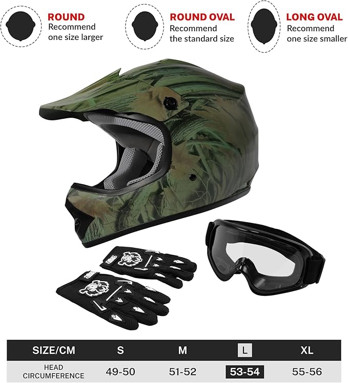 TCT-MOTORPARTS DOT Youth Kids Motocross ATV Helmets Offroad Street Dirt Bike Go-Kart BMX MX Full Face Helmet Forest Large Size