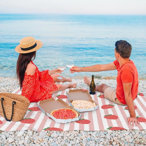 Eativisa Strawberry Strip Lightweight Beach Blanket Waterproof Sandproof 59"X68" Sand Free Beach Mat with 4 Stakes Compact Outdoor Blanket for Beach Quick Drying Picnic Mat for Travel Camping