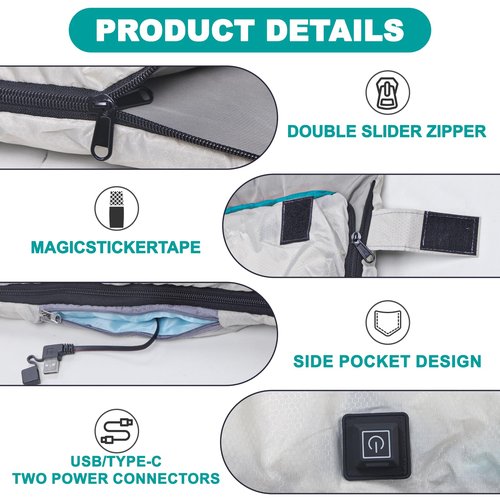 Sleeping Bag Cold Weather-Heating Sleeping Bag with 3 Heating Levels,Waterproof Lightweight Jointable Camping Sleeping Bag and Compression Sack for Camping Hiking Backpacking All Season White
