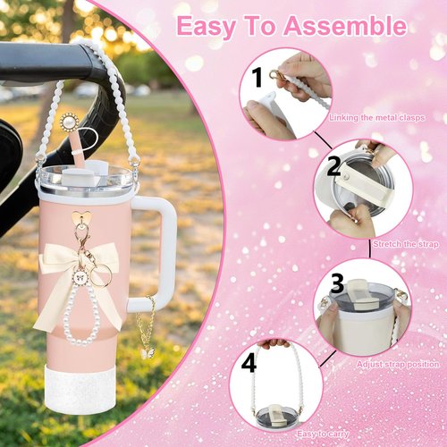 Yivioep Stanley Cup Accessories Bow Set, Including Silicone Straw Topper, Portable Handle Strap, Protective Boot, Bow Keychain, Butterfly Charms for 30 OZ and 40 OZ Stanley Tumblers