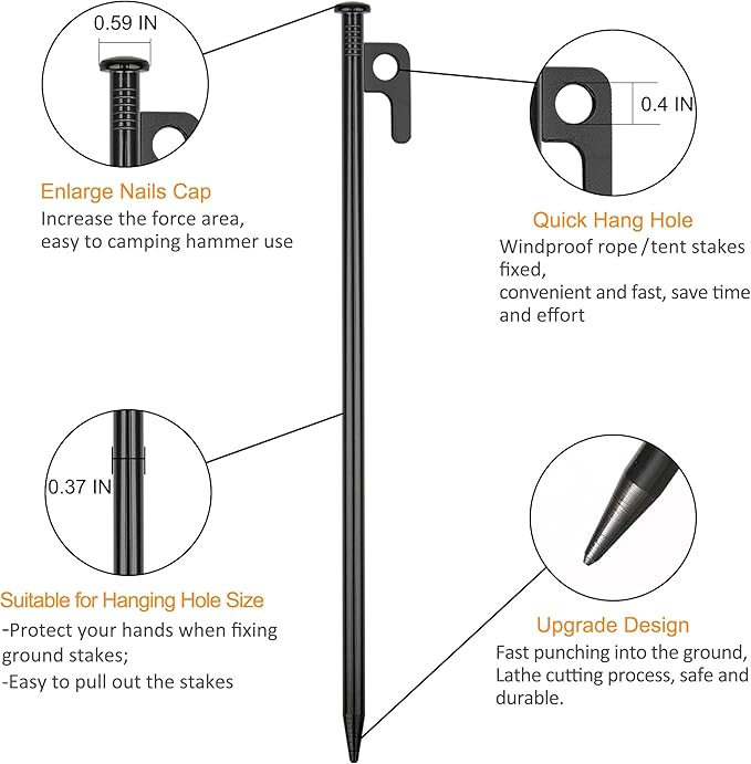 8 Pack Tent Stakes Heavy Duty Metal Tent Pegs for Camping Steel Tent Stakes 12 inch Unbreakable and Inflexible