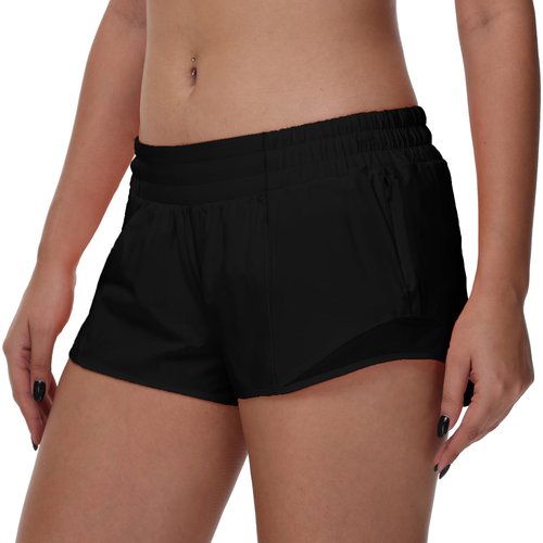 MCEDAR Women's Running Shorts Low Waisted 2.5"，Lightweight Active Workout Quick Dry Gym Athletic Sports Shorts Zip Pocket Black,6/S
