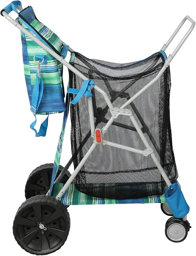 Beach Cart with Big Wheels for Sand, Collapsible All-Terrain Beach Wagon with Cooler Bag & Umbrella Holder, Large Mesh Storage, Supports 100lbs for Camping, Outdoor, Shopping, Dark Blue